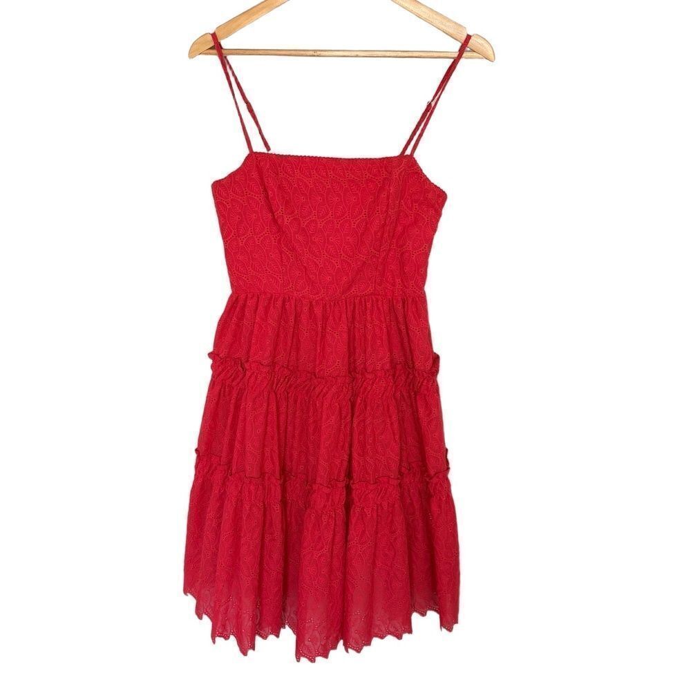 LALIBELA Mini Dress Size S Red Eyelet Tiered Spaghetti Straps Bohemian Chic